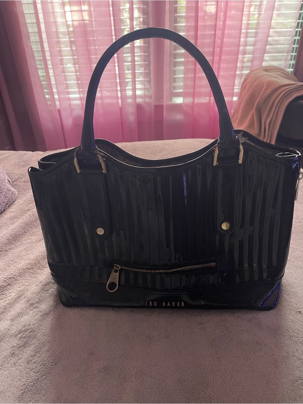 Ted Baker Black Patent Striped Tote with Front Zip